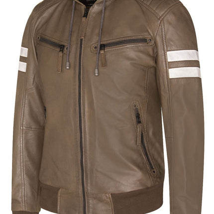 Mens Leather Hooded Retro Bomber Jacket - Skopje