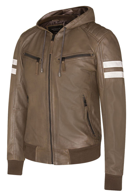 Mens Leather Hooded Retro Bomber Jacket - Skopje