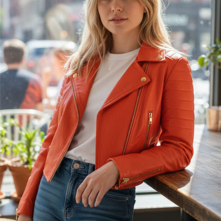 Womens Orange Cropped Brando Leather Biker Jacket-Longtown