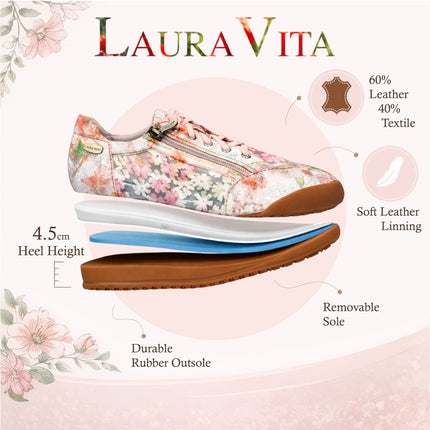 Laura Vita Women's Tivanao-05 Rose Pink Floral Leather Trainers Zip Sneaker Shoes
