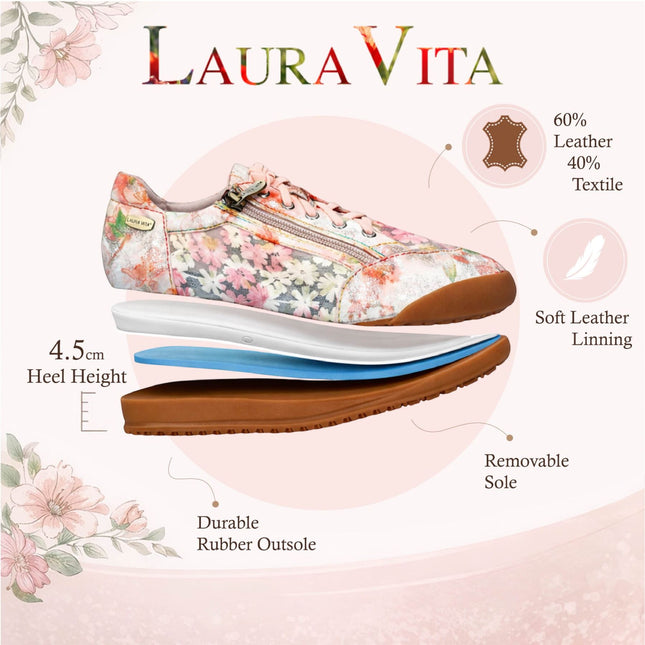 Laura Vita Women's Tivanao-05 Rose Pink Floral Leather Trainers Zip Sneaker Shoes