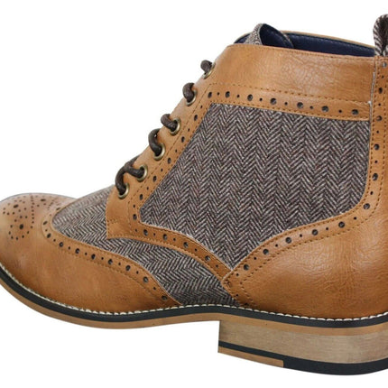 Mens Classic Tweed Oxford Ankle Boots In Tan Leather