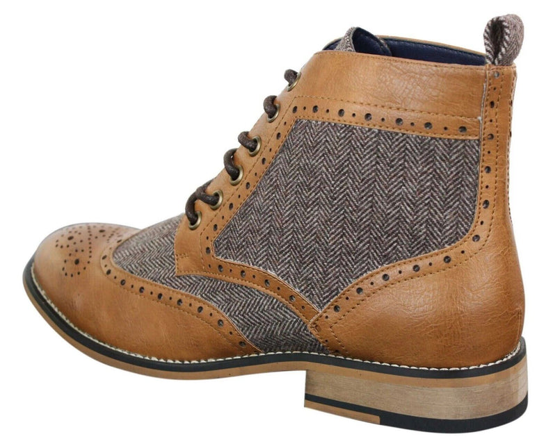 Mens Classic Tweed Oxford Ankle Boots In Tan Leather