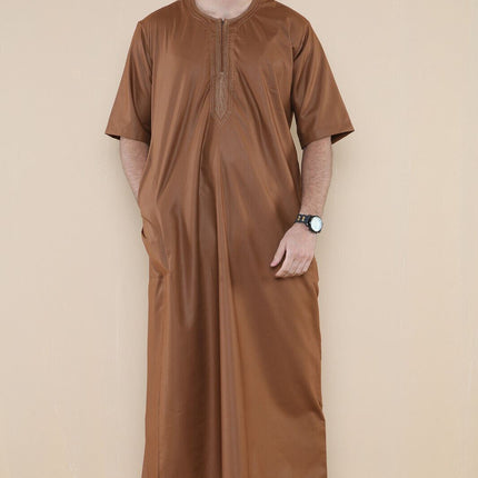 Mens Brown Thobe Jubba Islamic Arab Moroccan Saudi Zipped Kaftan Arab Robe