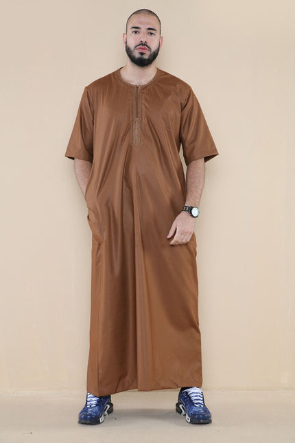 Mens Brown Thobe Jubba Islamic Arab Moroccan Saudi Zipped Kaftan Arab Robe
