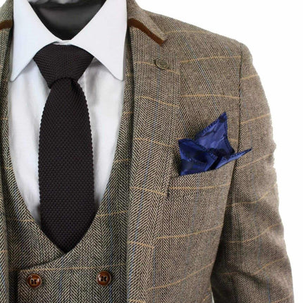 Mens 3 Piece Tan Herringbone Tweed Check Suit