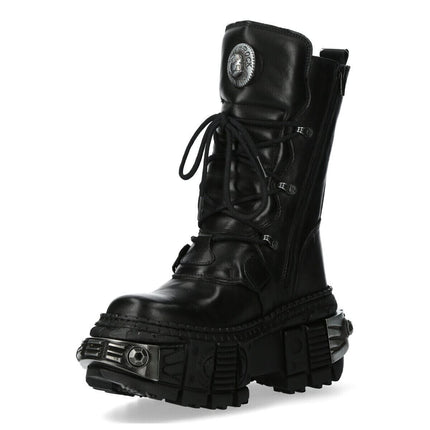 New Rock Black Mid Calf Leather Goth Boots-WALL1473-S11