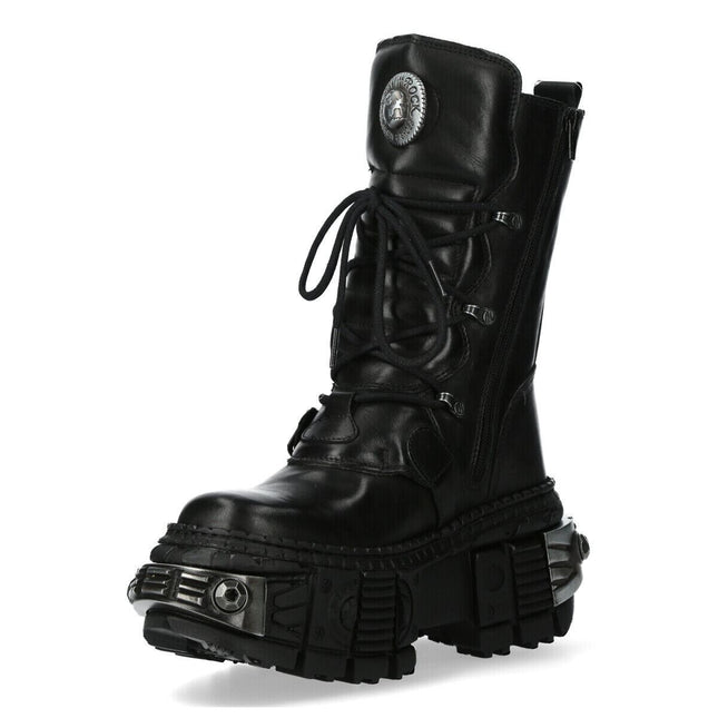 New Rock Black Mid Calf Leather Goth Boots-WALL1473-S11