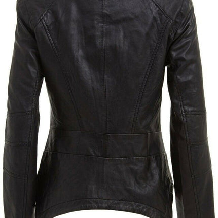 Womens Detachable Collar Leather Biker Jacket-Rosario