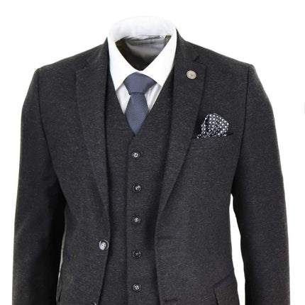 Mens 3 Piece Black Wool Tweed Vintage Retro Suit