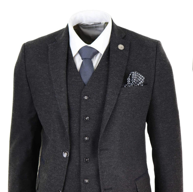 Mens 3 Piece Black Wool Tweed Vintage Retro Suit