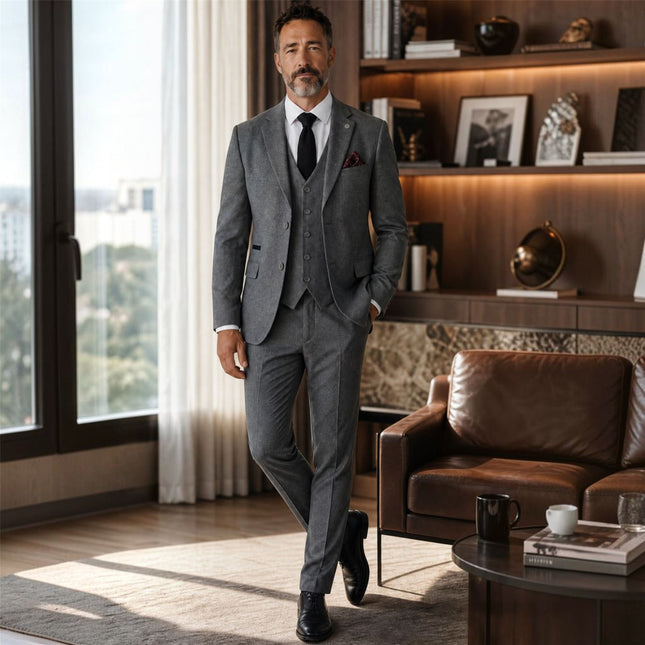 Men's Grey 3 Piece Tweed Herringbone Formal Suit -  IM4
