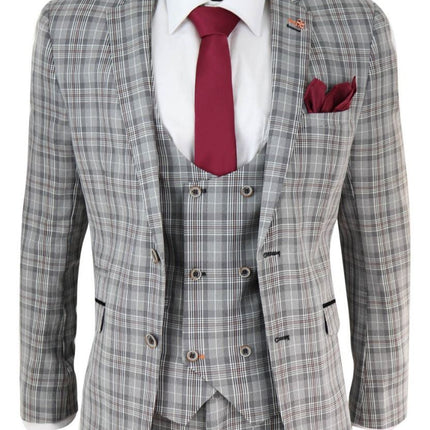 Mens 3 Piece Grey Check Retro Vintage Classic Suit