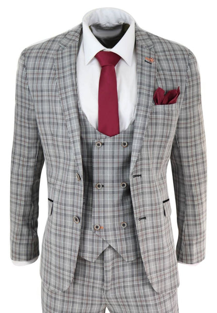 Mens 3 Piece Grey Check Retro Vintage Classic Suit