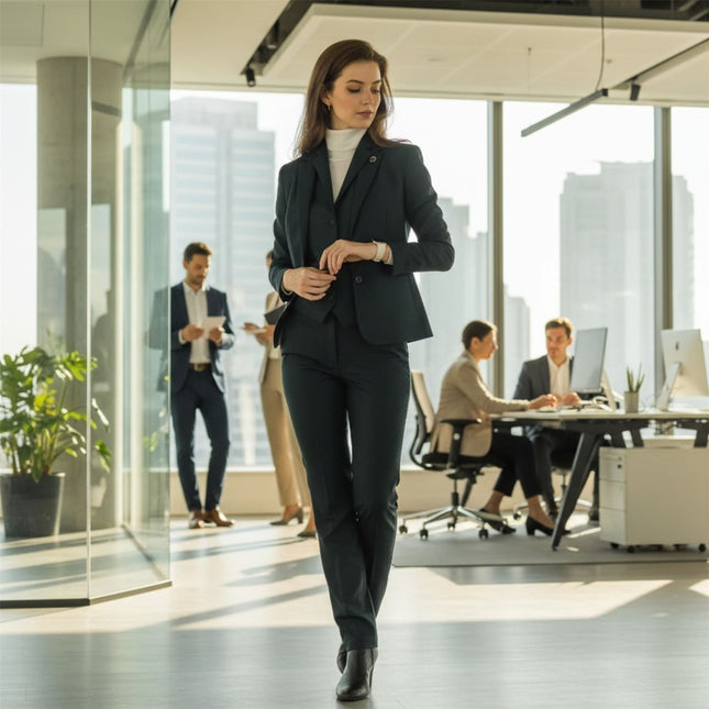 Women's Olive Three Piece Check Tailored Suit - TPW-53