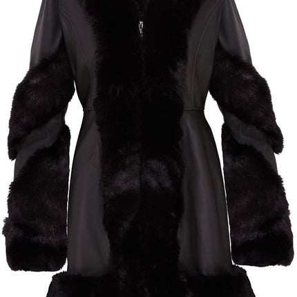 Womens Flared Black Luxury Leather Hooded Cape Coat With Fur