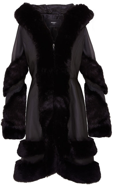 Womens Flared Black Luxury Leather Hooded Cape Coat With Fur