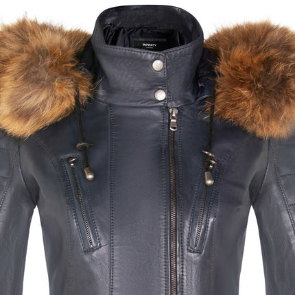 Womens Slim Fit Leather Hooded Parka Jacket-Northam