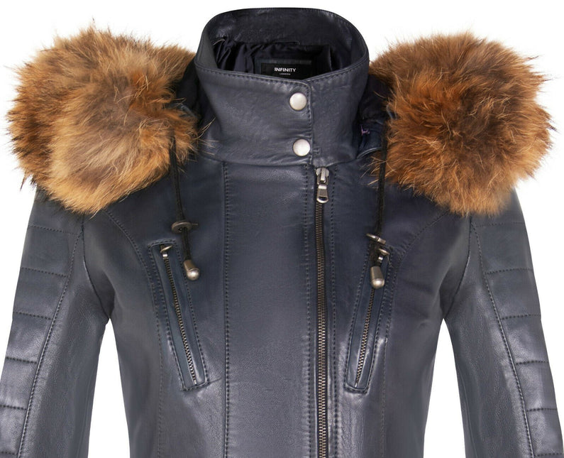 Womens Slim Fit Leather Hooded Parka Jacket-Northam
