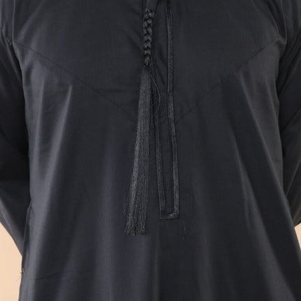 Mens Black Thobe Jubba Saudi Islamic Arab Eid Emirati Kaftan Jubbah Tassel Robe