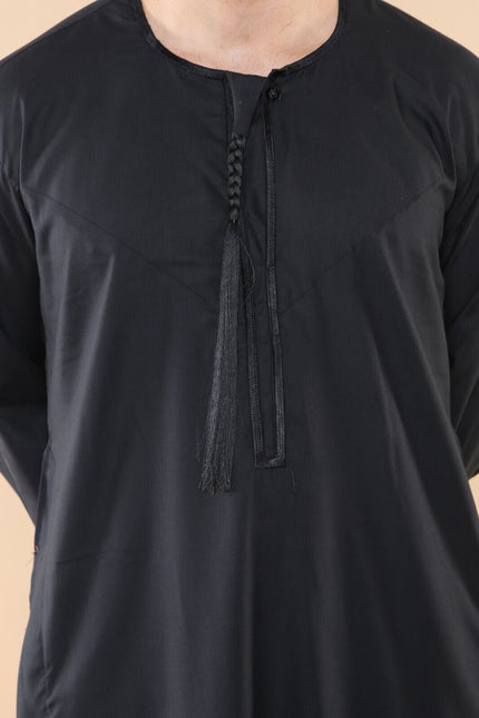 Mens Black Thobe Jubba Saudi Islamic Arab Eid Emirati Kaftan Jubbah Tassel Robe