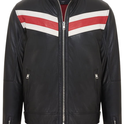 Men's Black Striped Café Racer Biker Leather Motorcycle Jacket
