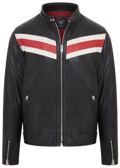 Men's Black Striped Café Racer Biker Leather Motorcycle Jacket