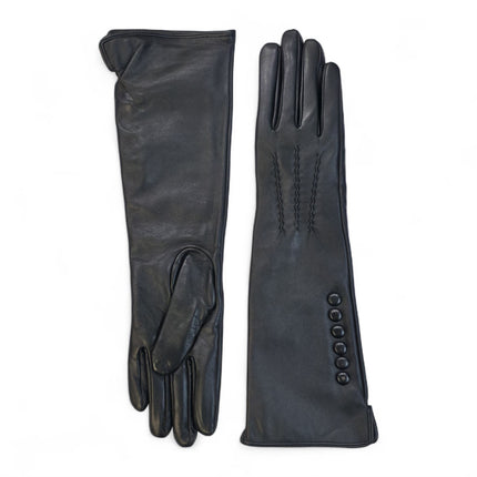 Womens Long Black Italian Leather Winter Button Design Soft Wool Lining Gloves - L-GLV-201