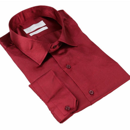 Mens Wine Satin Silk Shirt Smart Casual Button Down Cuff Tailored Fit