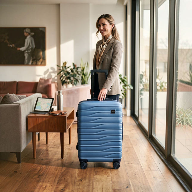 Hardshell Blue Suitcase Set Robust 8 Wheel Luggage Cabin Case Bag
