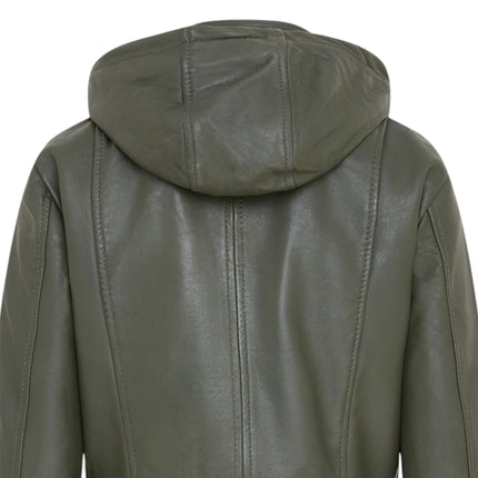 Women's Green Leather Parka Detachable Borg Hooded Trench Coat - Trekker