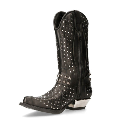 New Rock Black Leather Studded Cowboy Boots- M-7928-S1