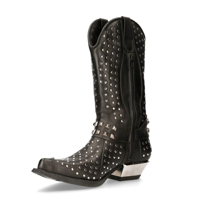 New Rock Black Leather Studded Cowboy Boots- M-7928-S1