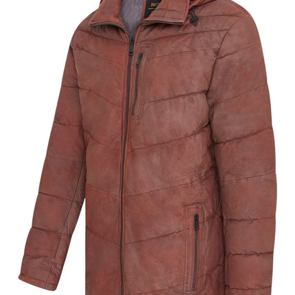 Men's Tan Brown Leather Quilted Jacket Hooded Puffer Winter Coat - Olyic