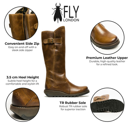 Fly London Womens Camel Brown MOL 2 Leather Wedge Heel Knee High Zip Up Boots