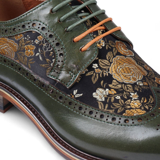 Justin Reess Men's Green Leather Floral Print Brogue Dress Shoes - Ross