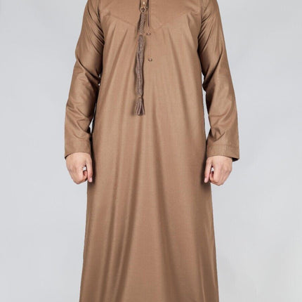 Men's Brown Thobe Emirati Islamic Jubba Robe Eid Tassel Slim Fit
