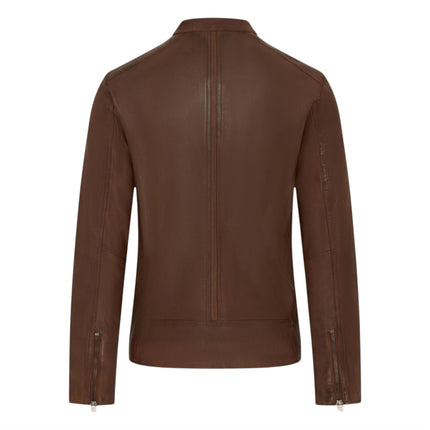 Mens Leather Brown Stand Collar Cafe Racer Biker Jacket - E184