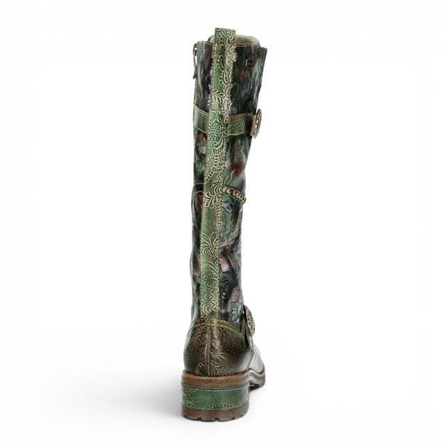 Laura Vita Women's Victorian Floral Green Leather High Lace-Up Long Boots - Cocrailo-82