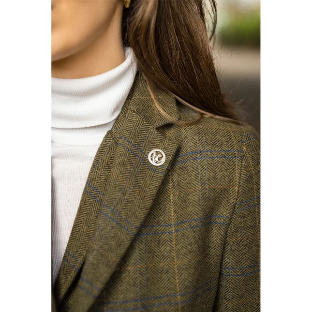 Women's Olive Tailored Fit Tweed Blazer in Herringbone Check