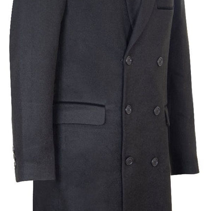 Mens 3/4 Black Long Double Breasted Crombie Overcoat Wool Coat Peaky Blinders