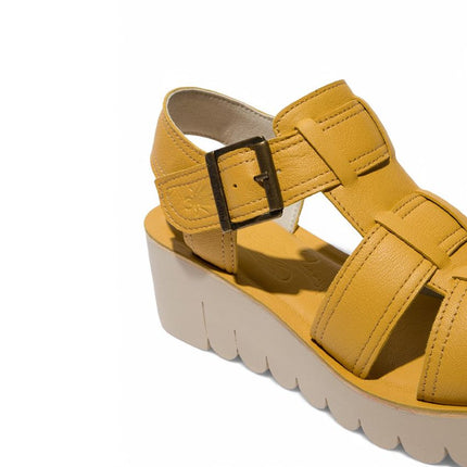 Fly London Women's Yudd236Fly Bumblebee Yellow Mousse Leather Wedge Sandals
