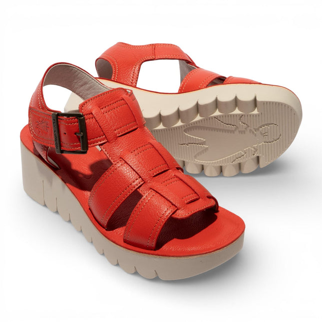 Fly London Women's YUDD236FLY Devil Red Leather Wedge Sandals