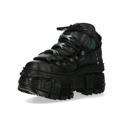 New Rock Metallic Ankle Black Leather Boots-WALL106-S12