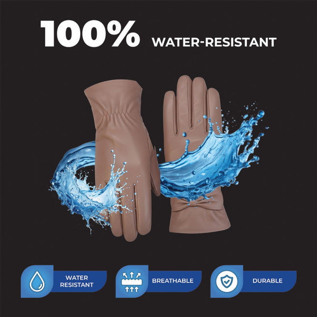 Womens Nude Beige Italian Leather Winter Bow Design Soft Wool Lining Gloves - L-GLV-401