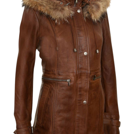 Womens Warm Leather Hooded Parka Jacket-Northwich