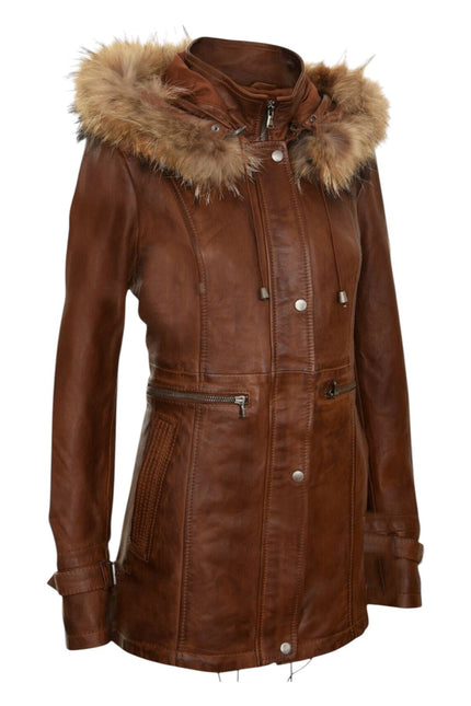 Womens Warm Leather Hooded Parka Jacket-Northwich
