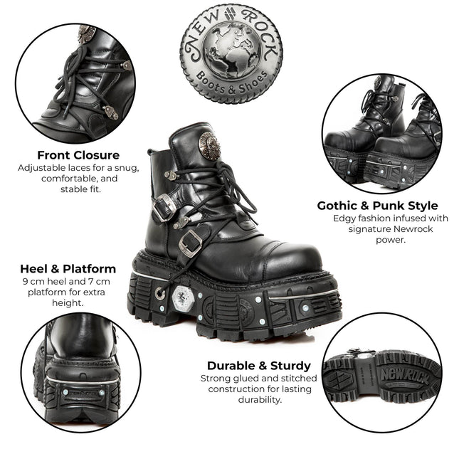 New Rock M-Tank007-S1 Black Leather Gothic Combat Platform Ankle Boots