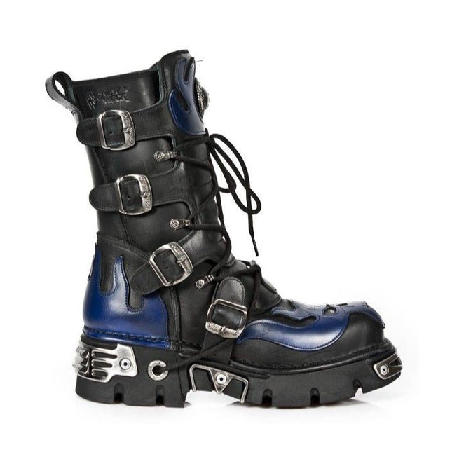 New Rock Unisex Black/Blue Leather Gothic Biker Skull Boots - 107-C5
