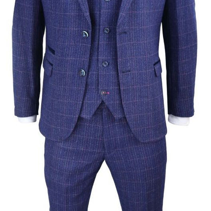 Mens 3 Piece Blue Herringbone Check Vintage Classic Suit